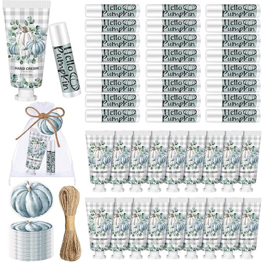 144 Pcs Fall Lip Balm Hand Cream Set Party Favors, Include 36 Blue Pumpkin Lip Balm 36 Moisturizing Hand Cream 36 Bags 36 Cards and Ropes for Autumn Accessories Gifts-BrightBean Baby