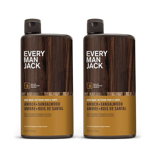 Every Man Jack Amber+Sandalwood Hydrating Mens Body Wash for All Skin Types-Cleanse, Nourish, and Hydrate Skin with Naturally Derived Ingredients-Paraben Free, Phthalate Free, Dye Free-24oz(Pack of 2)-BrightBean Baby