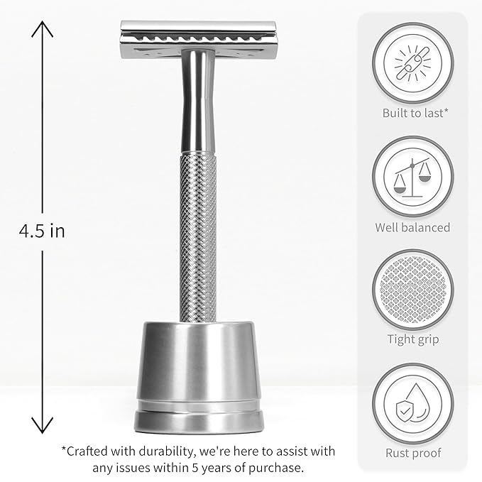 Bambaw Double Edge Safety Razor for Men with Stand, Reusable Metal Razor with 5 Double Edge Blades, Single Blade Razors for Men & Women – Silver-BrightBean Baby