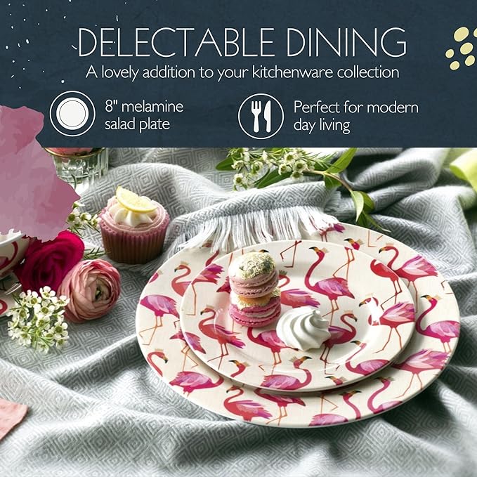 Portmeirion Sara Miller Flamingo Salad Plate, Set of 4 - BPA-Free 8" Melamine Plates Featuring Flamingos for Summer - Dishwasher Safe Dinnerware for Indoor & Outdoor Dining, Shatterproof & Decorative