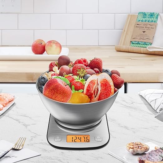 Food Kitchen Scale Digital Weight Grams and Oz with IPX6 Waterproof，Professional Stainless Steel Digital Kitchen Food Scale 11lb/0.01oz with Bowl for Weight Loss Dieting Baking Cooking