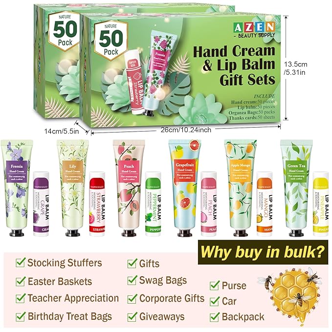 AZEN 100 Sets Hand Cream Bulk and Lip Balm Bulk Set, Bridal Shower Gifts for Guests with Organza Bag Thank You Card, Thank You Gifts for Coworkers Women Men, Bridal Wedding Favors for Guests-BrightBean Baby