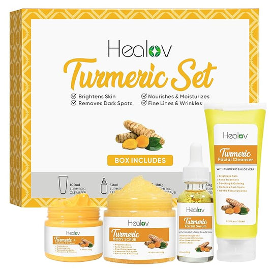 Turmeric Skincare Set - Turmeric Skin Care Products Brightening & Acne - Turmeric Skin Care Kit, Turmeric Skin Care Set - Turmeric Cleanser, Body Scrub, Face Cream & Facial Serum-BrightBean Baby