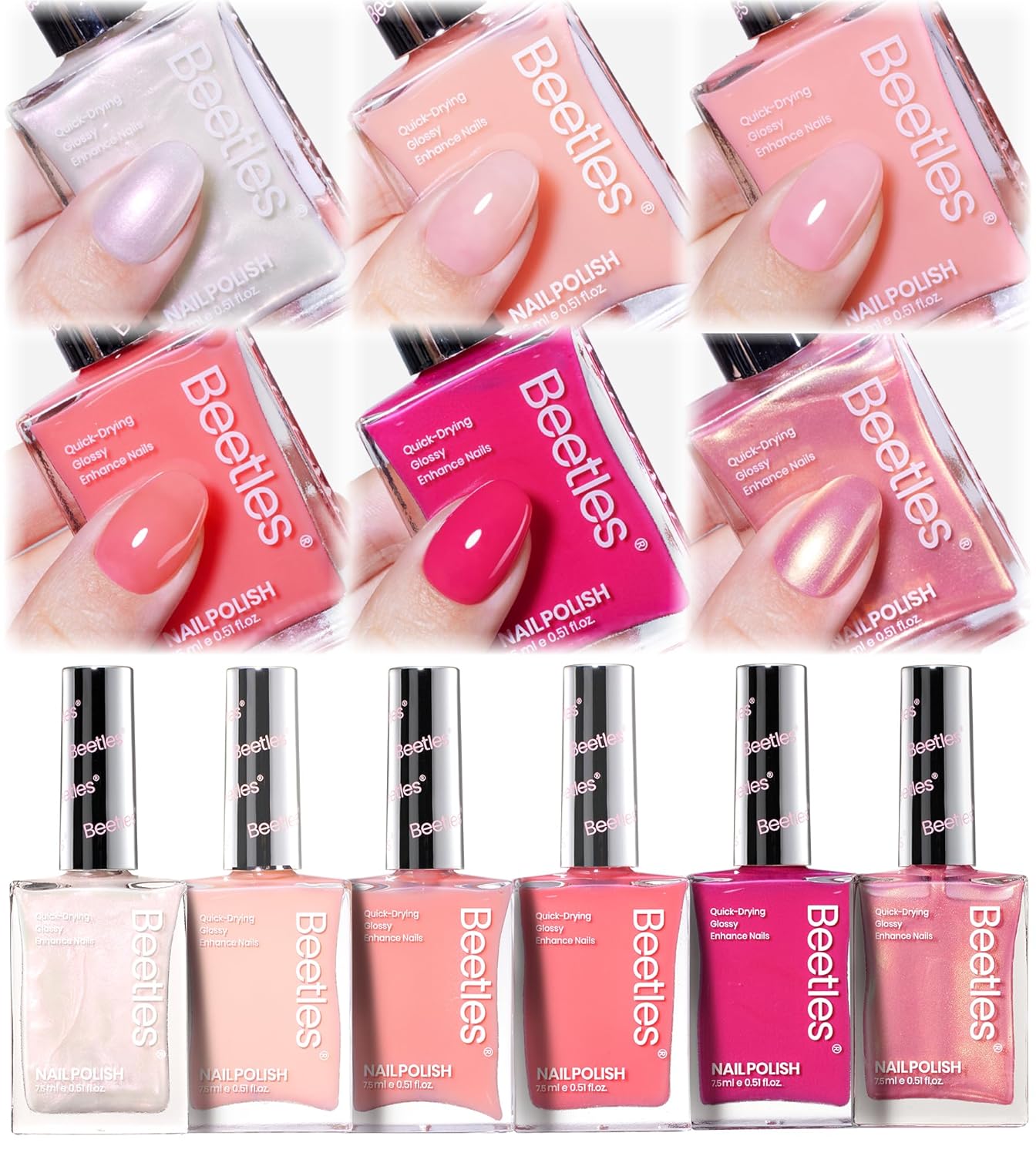Beetles Nail Polish Set Heartbeat-6 Colors Hot Pink White Jelly Nude Pink Nail Polish Set Shimmer Pearl Quick Dry Finger Nail Polish DIY Nail Art Salon Home Gift for Women & Girls-BrightBean Baby
