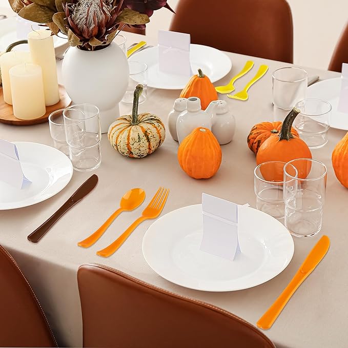 300 Pieces Thanksgiving Plastic Silverware Fall Heavy Duty Utensils Set Heavyweight Disposable Flatware Includes Orange Yellow Brown Spoons Forks Knives for Thanksgiving Dinner Party Supplies