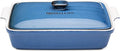 Stoneware Casserole Dish Bakeware Set with Lid, Covered Rectangular Dinnerware, Large 3.2 Quart, 11 by 9 Inch, Blu Indaco [Reactive Blue]