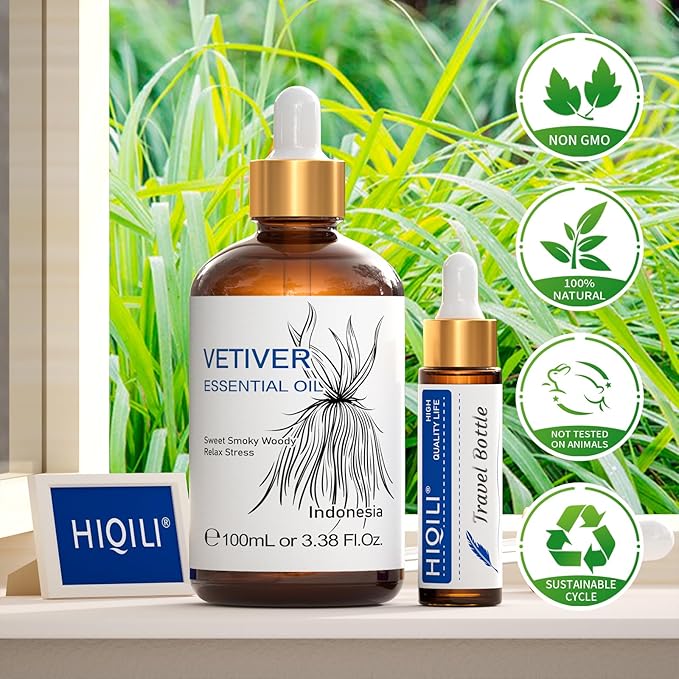 HIQILI 100ML Vetiver Essential Oil, 100% Pure Natural for Diffuser Calm and Relation- 3.38 Fl Oz-BrightBean Baby