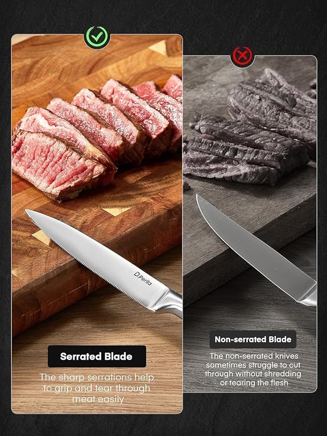 D.Perlla Steak Knives 12 Pieces Micro Serrated Steak Knife Set High Carbon Stainless Steel Steak Knives Set, Elegant Sharp Kitchen Steak Knife Set, Silver