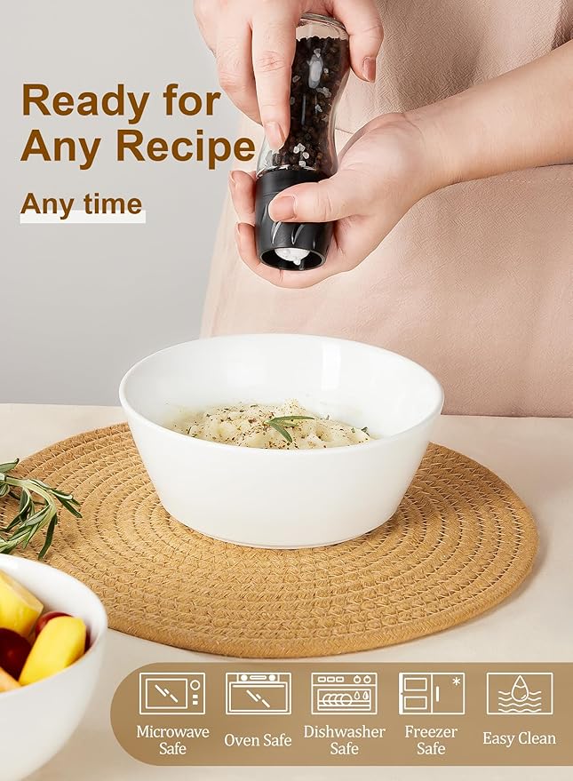 Yedio 32 OZ Large Soup Bowls Set of 4 – White Porcelain Bowls for Ramen, Cereal, Salad, Pasta, Oatmeal & More – Microwave, Dishwasher, Oven & Freezer Safe