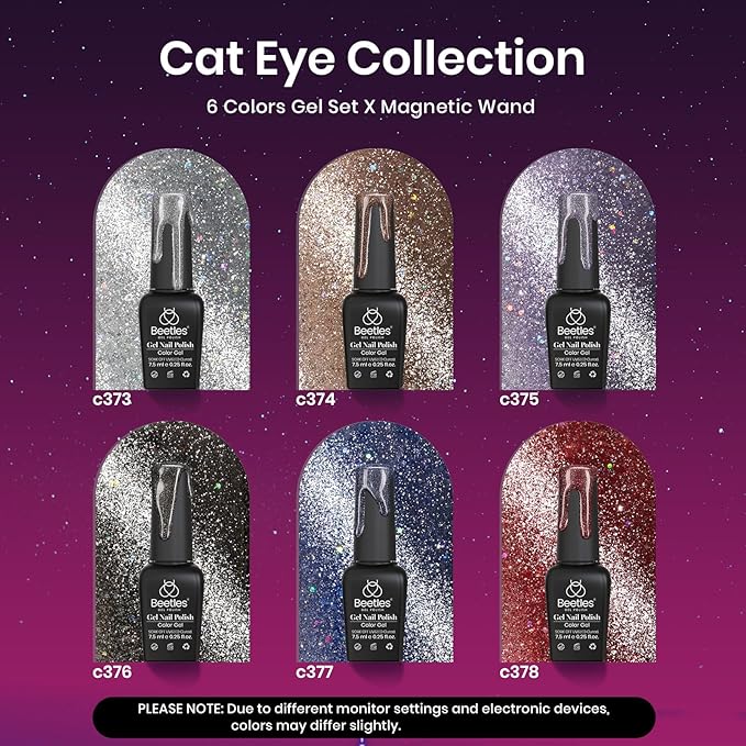 Beetles Cat Eye Gel Nail Polish Set 6 Colors Glitter Red Purple Blue Nail Polish with Magnet Spring Gel Polish Soak Off U V Led Gifts for Women Girls Salon DIY Home-BrightBean Baby