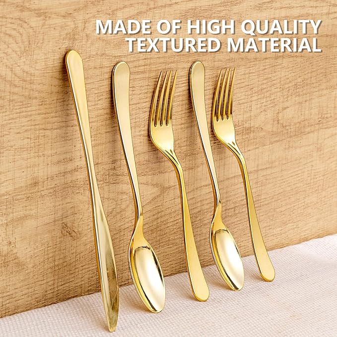 150 PCS Gold Plastic Silverware - Gold Plastic Flatware Disposable - Heavy Duty Disposable Utensils Sets Includes 50 Forks, 50 Spoons, 50 Knives for Thanksgiving Party Wedding