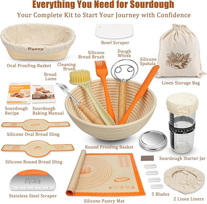 Panny Sourdough Starter Kit, Banneton Bread Proofing Basket with Glass Sour Dough Starter Jar, Sourdough Bread Baking Supplies, Making Tools, 9" Round & 10" Oval Baskets, Christmas Gift for Men Women