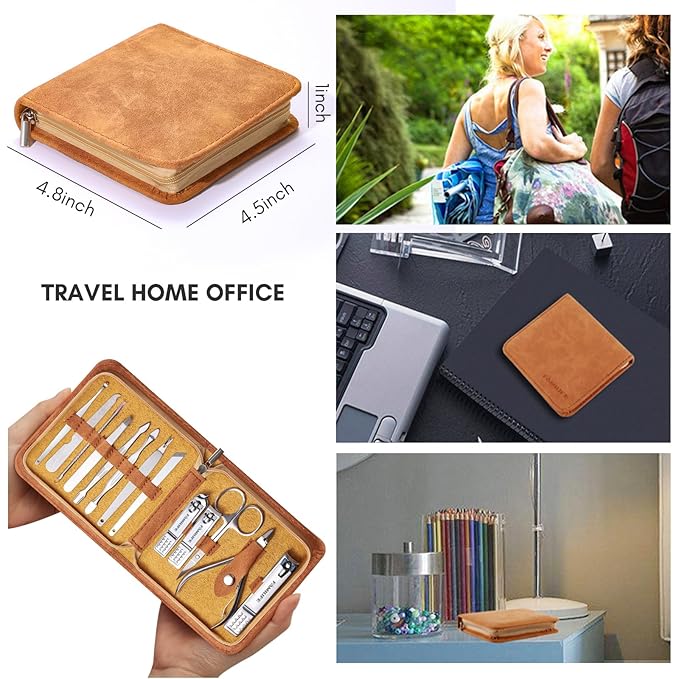 FAMILIFE Manicure Set, Nail Professional Kit Manicure Kits Nail Clipper Sets, 13PCS Stainless Steel Pedicure Sets Mens Grooming Tool, with Brown Leather Travel Case for Men-BrightBean Baby