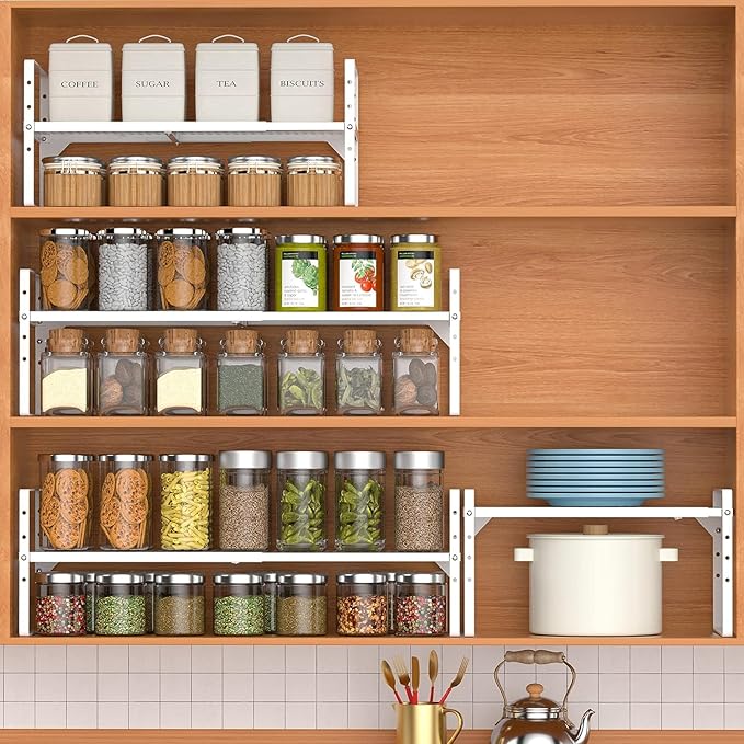 iPEGTOP Expandable Cabinet Storage Shelf Organizer Rack, Heavy Duty Stackable Steel Metal Spice Rack Adjustable Height Pantry Garage Shelf for Counter Kitchen Organization, White - 2 Pack