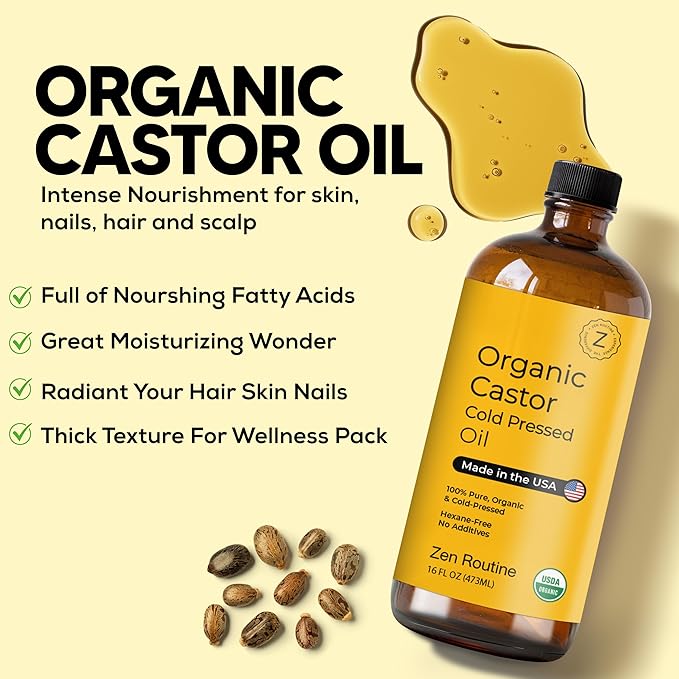 Zen Routine Organic Castor Oil (Glass Bottle - 16oz / 2-Pack) Hexane Free – Hair Growth Oil, Eye Lashes & Stomach, Pure 100% Cold Pressed Unrefined Castor Pack Wrap – USDA Certified, Made in the USA-BrightBean Baby