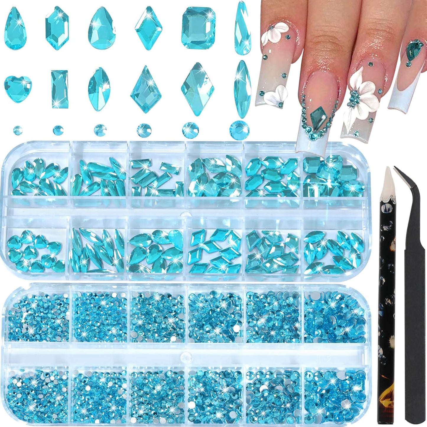 HNUIX Nail Rhinestones - 3D Multi Shape Size Crystal, Aquamarine Nail Gems, Flat Back, with Kit, for Nail Art, DIY Decorations-BrightBean Baby