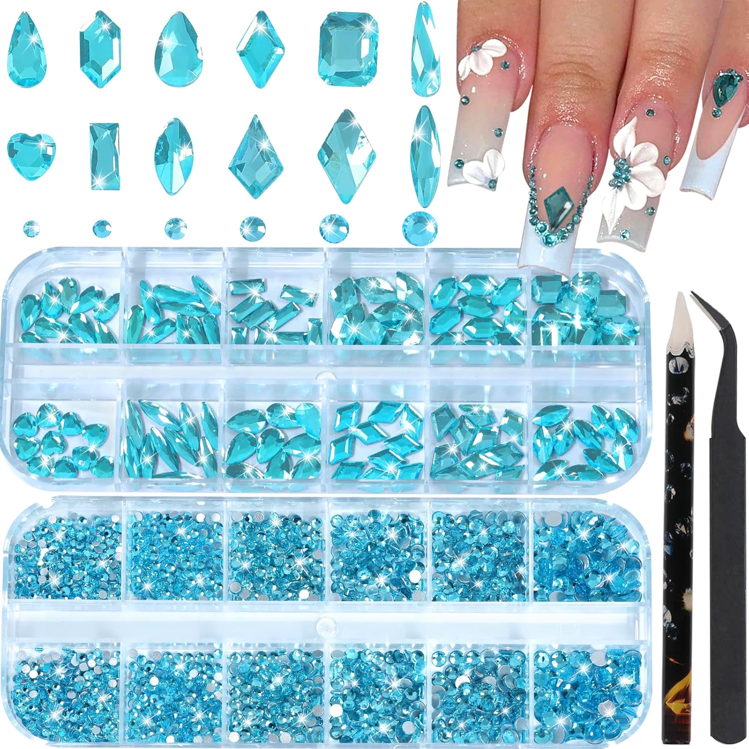 HNUIX Nail Rhinestones - 3D Multi Shape Size Crystal, Aquamarine Nail Gems, Flat Back, with Kit, for Nail Art, DIY Decorations-BrightBean Baby