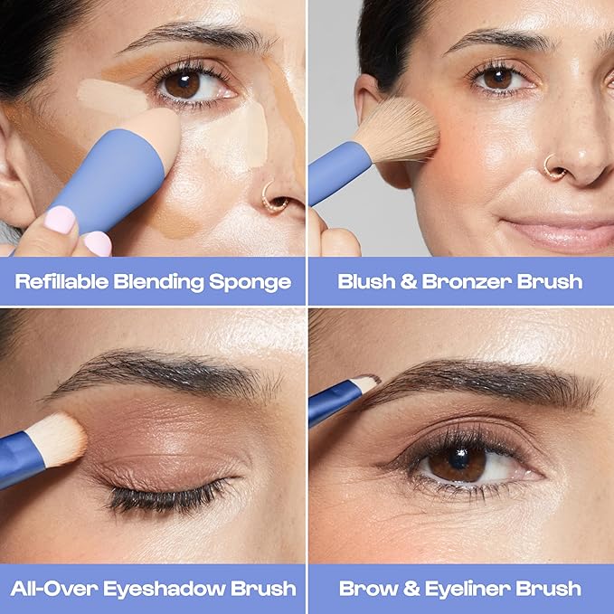 Alleyoop Multi-Tasker 4-in-1 Travel Makeup Brush Set – Compact Makeup Brushes with Blending Sponge, Eyeshadow, Eyebrow & Liner, Blush & Bronzer Brush – Mini Makeup Tools Kit for Women, Vegan-BrightBean Baby