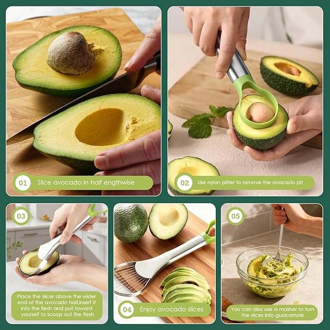 Avocado Slicer Tool Set,Stainless Steel Avocado Cutter Tool and Avocado Masher Tool,Quickly Slices Thinly and Masher,Suitable for Avocados,Potatoes,Dragon Fruit and Other Fruits Vegetables