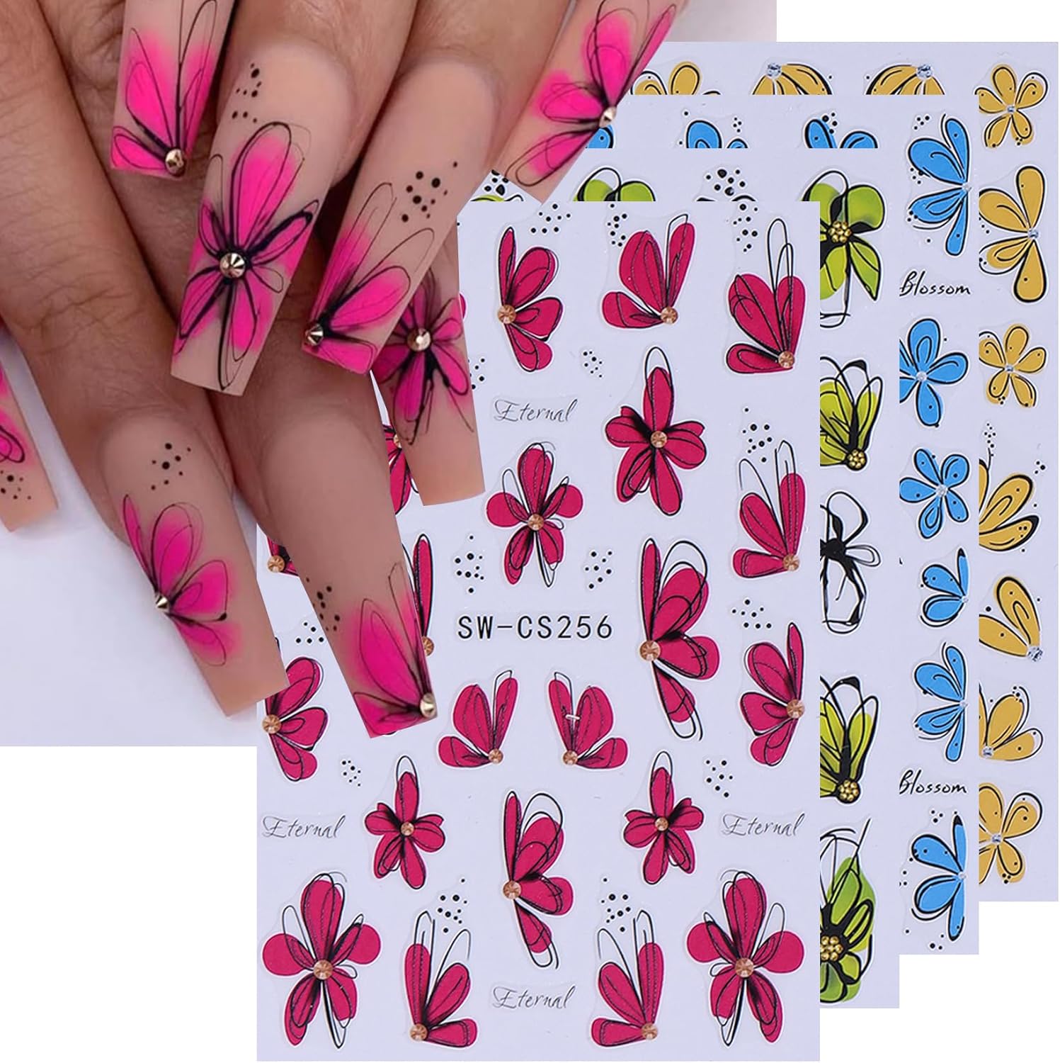 Flower Petal Nail Art Sticker 12 PCS Simple French Floral Nail Decals Lily Orchid Leaves Flamingo Designs with Tweezers Hot Pink Blue Purple Green Flower Sliders Nail Art Decoration DIY Accessories-BrightBean Baby