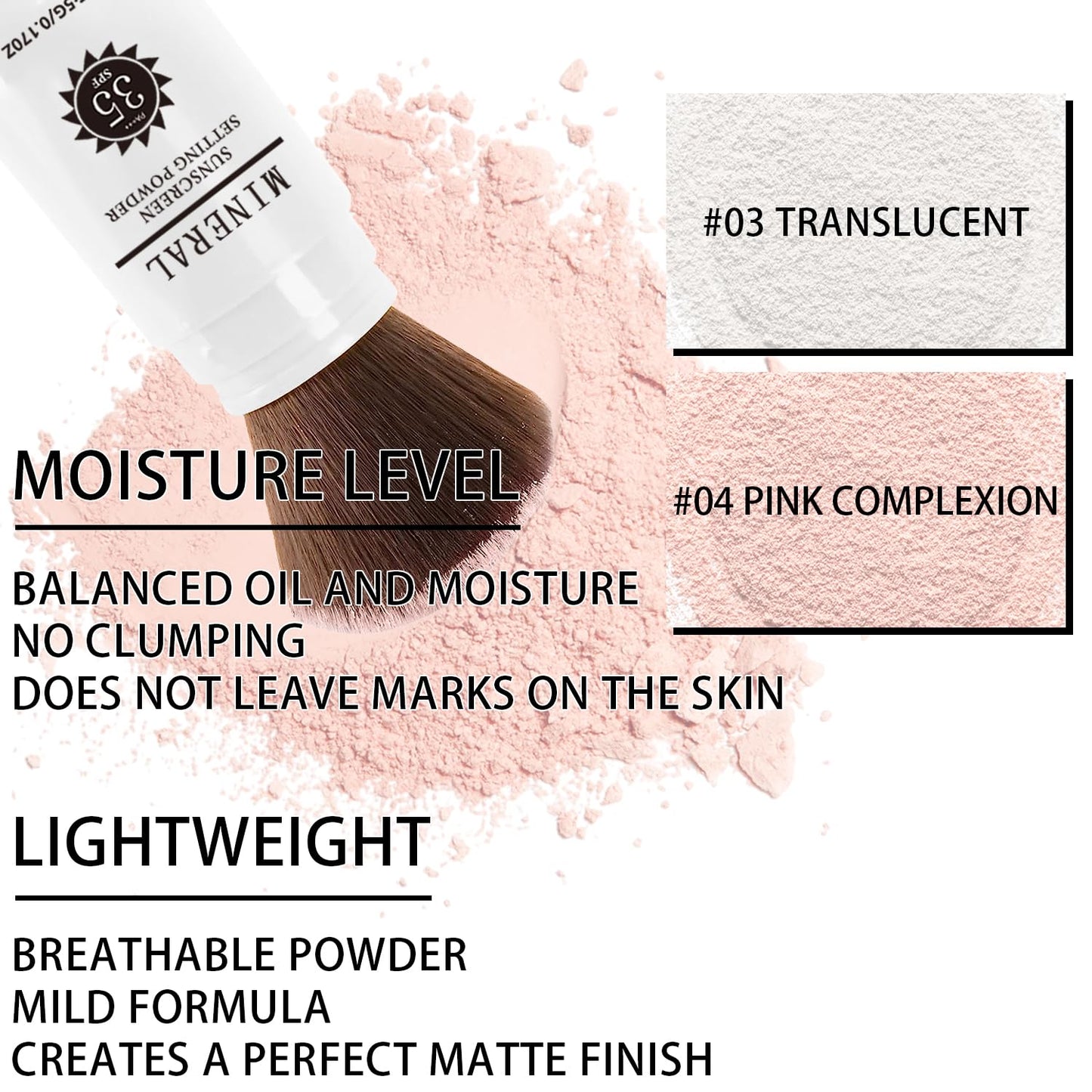 Sunscreen Setting Powder SPF 35, Mineral Brush Powder for Face & Scalp, Oil Control Natural Matte Finish Loose Powder Translucent Lasting Lightweight Breathable for All Skin (04# Pink Complexion)-BrightBean Baby