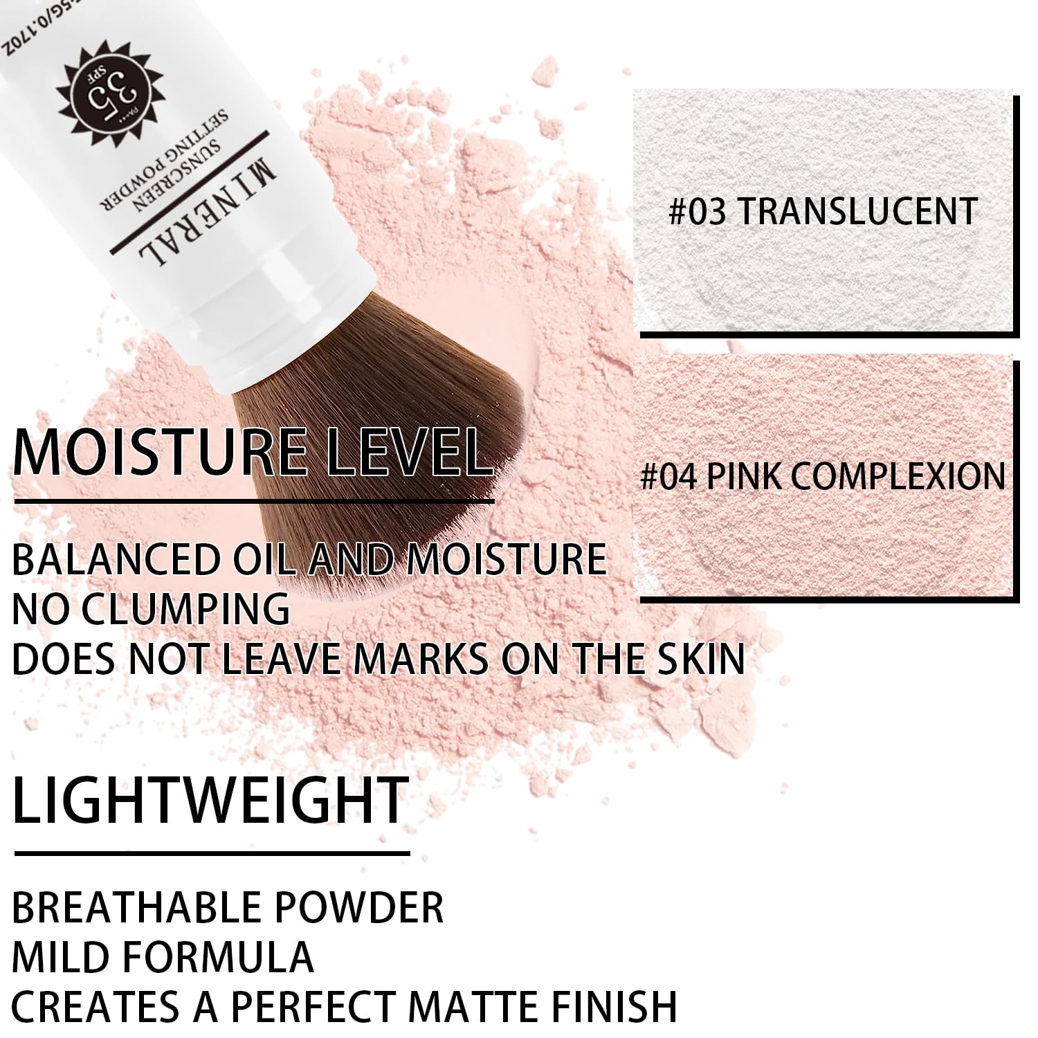 Sunscreen Setting Powder SPF 35, Mineral Brush Powder for Face & Scalp, Oil Control Natural Matte Finish Loose Powder Translucent Lasting Lightweight Breathable for All Skin (04# Pink Complexion)-BrightBean Baby