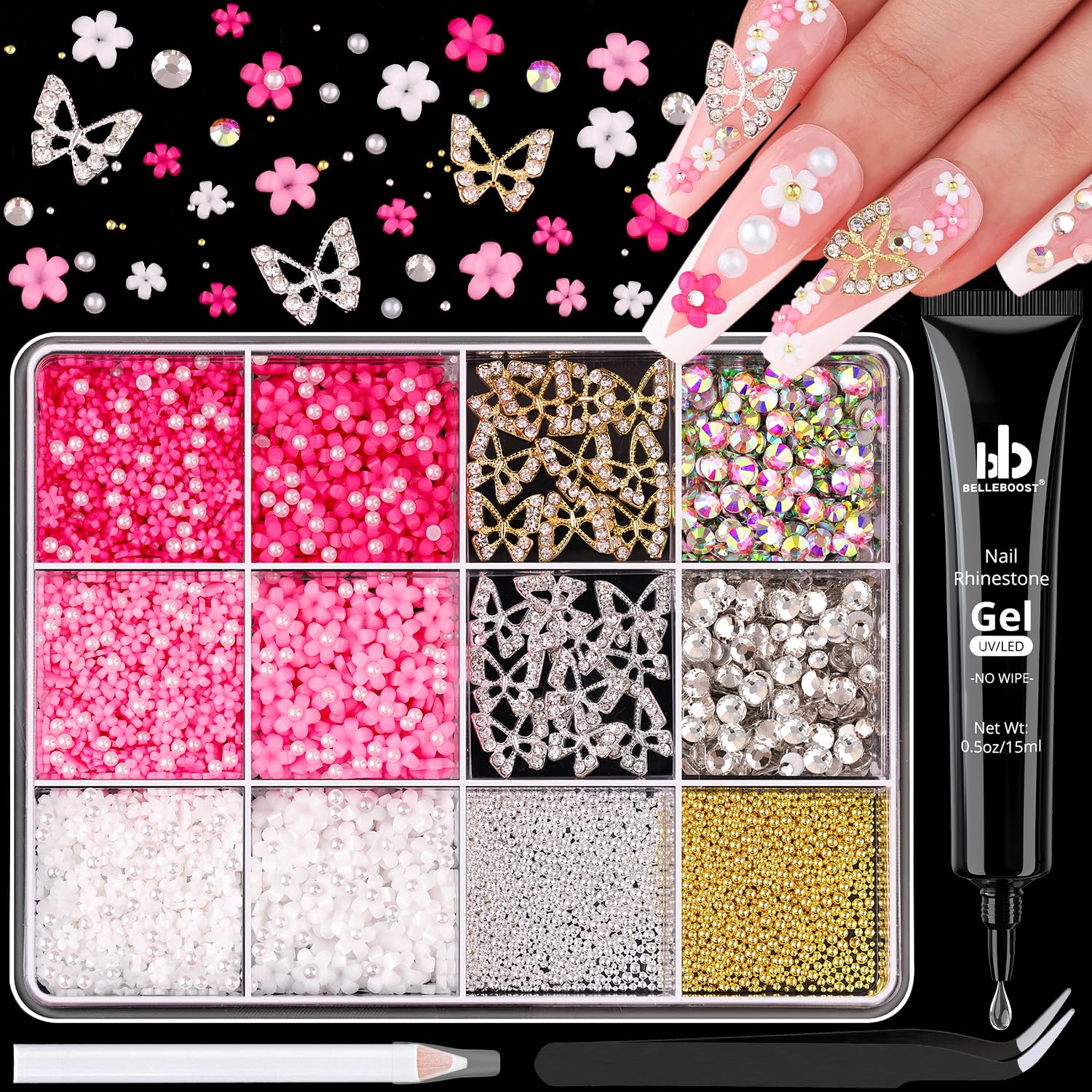 3D Nail Charms and Gems Set 4 with Rhinestone Glue, 20PCS Gold and Silver Chunky Butterfly Nail Charms, 3D Flowers for Nails, Crystal and Pearls + Metal Caviar Beads + Picker Tool for Y2K Nail Decor-BrightBean Baby