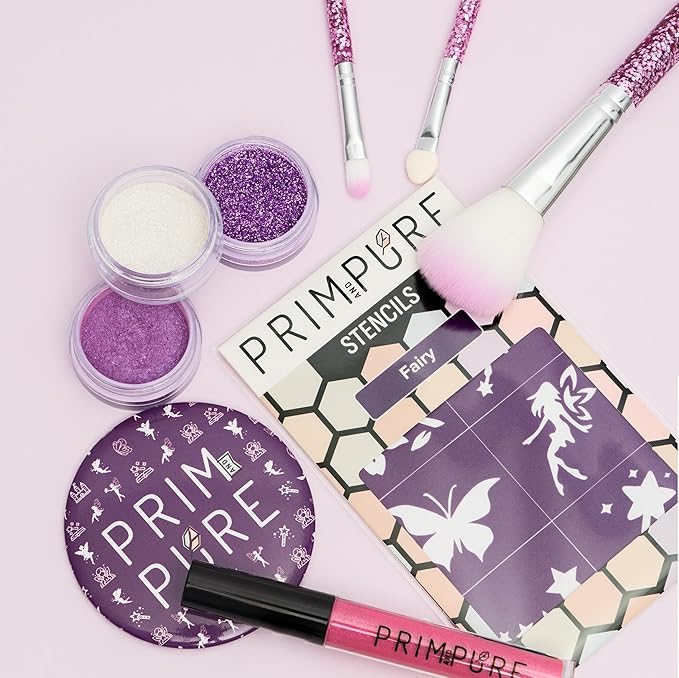 Prim and Pure Kids Makeup Gift Set - Stencil, Makeup Eyeshadow Bioglitter Lip Gloss and Cosmetic Bag Mirror Makeup Brush Accessories (Fairy Purple)-BrightBean Baby
