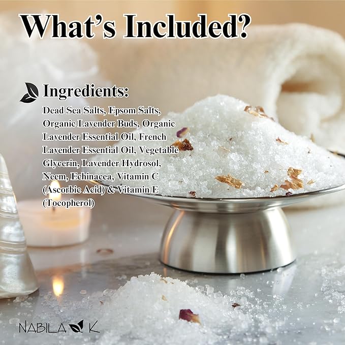 Organic Lavender Bath Salts by Nabila K - Dead Sea Salt & Epsom Salt Scrub & Soak - Exfoliates & Hydrates Skin, Botanical Essential Oils - Bubble Bath Accessories for All Skins Types, 2 oz-BrightBean Baby