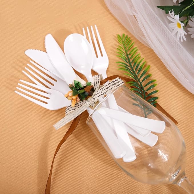 EI 360pcs White Plastic Silverware,Plastic Silverware Heavy Duty,Disposable Plastic Cutlery,Plastic Utensil Sets,Fancy Plastic Silverware include 120pcs Forks,120pcs Spoons and 120pcs Knives for Party