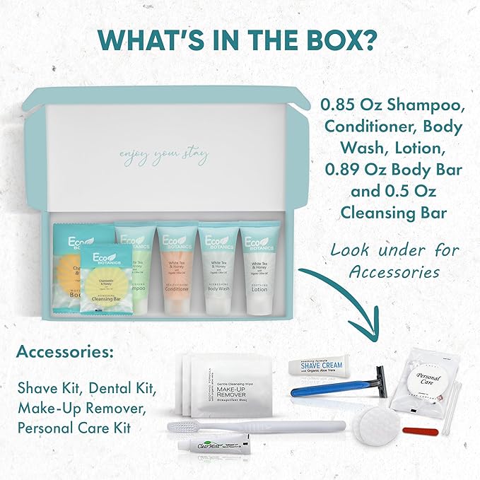 Eco Botanics Amenity & Accessory Kit | 0.85 oz Travel Size Shampoo, Conditioner, Lotion, Body Wash, Body Bar, Cleansing Bar, Shave & Dental Sets, Make-Up Remover Wipes, & Vanity Kit | 1 set per case-BrightBean Baby