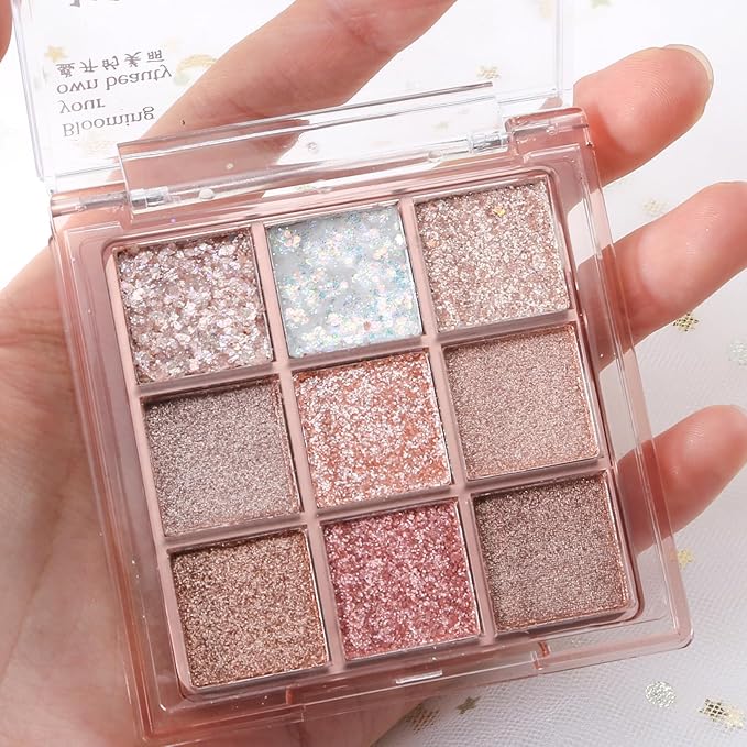 Erinde 9 Colors Eyeshadow Palette, Matte Shimmer Glitter Eye Shadow Palette Makeup, Highly Pigmented Long Lasting Waterproof, Natural Neutral Nude Eyeshadow Makeup Pallet, Diamond Snowflake-BrightBean Baby