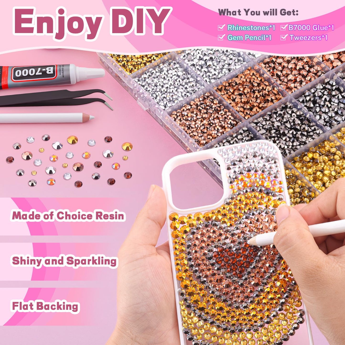 20000Pcs Metallic Rhinestones for Bedazzling with 1Pcs B7000 Jewelry Glue, Resin Rhinestones for Crafting Crafts DIY, Bedazzler Kit Gems for Clothing Shoes Tumblers Nail Art Assorted Size 3/4/5/6mm-BrightBean Baby
