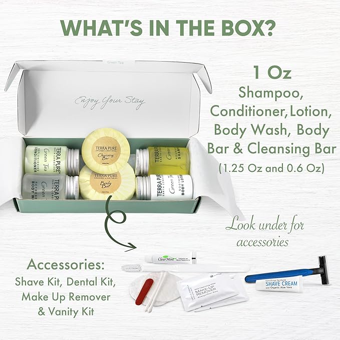 Terra Pure Green Tea Amenity & Accessory Kit | 1 oz Travel Size Shampoo, Conditioner, Lotion, Body Wash, 2 Soap Bars, Shave & Dental Sets, Make-Up Remover Wipes, & Vanity Kit | 1 set per case-BrightBean Baby