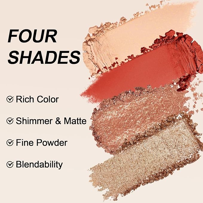 Erinde Quads Matte Eye Shadow Powder Makeup Palette, Nude Neutral Brown & Champagne Pink Shimmer Eyeshadow, Long Wearing Waterproof Everyday Eye Makeup, sombras de ojos, Maple Champagne-BrightBean Baby