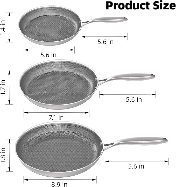 COOKER KING Non-toxic Frying Pans Set of 3 - Tri Ply Stainless Steel 8+10+12 Inch