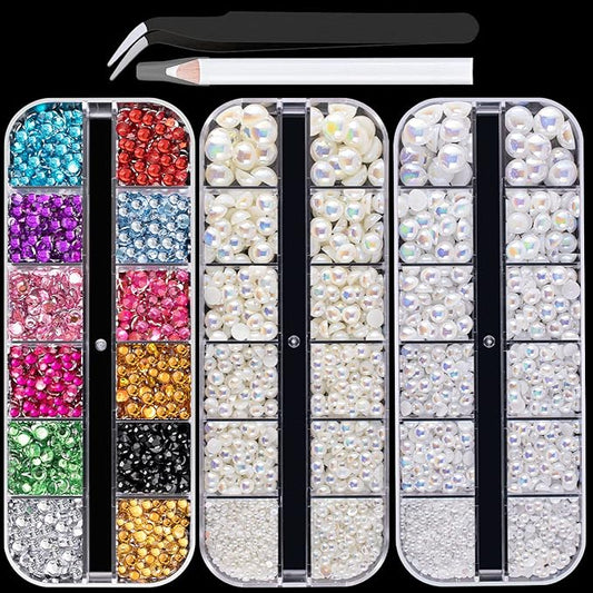 Flat Back Rhinestone+Half Round Pearl Kits Colorful Rhinestones+White AB+Beige AB Pearls With Picker Pencil And Tweezer For Home DIY And Professional Use-BrightBean Baby