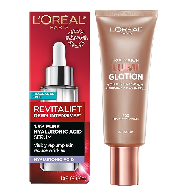 L'Oreal Paris Revitalift 1.5% Pure Hyaluronic Acid Face Serum 1.0 oz + True Match Lumi Glotion Natural Glow Enhancer Lotion, Medium 1.35 fl. oz, 1 kit-BrightBean Baby