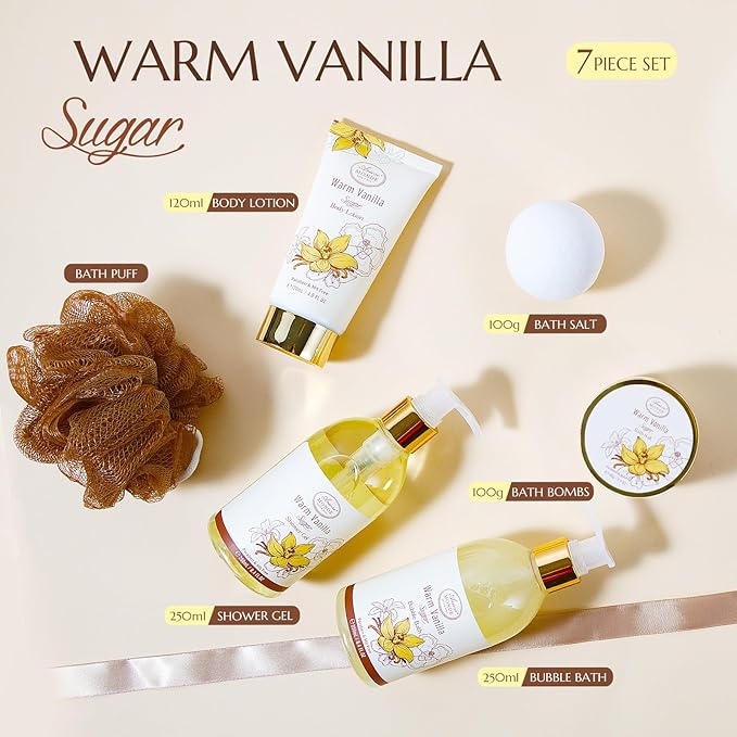 Bath and Body Warm Vanilla Sugar Spa Gifts for Women, with Shower Gel, Bubble Bath, Body Lotion, Bath Bomb, Bath Salt, Spa Basket Gift Set for Women, 7pcs Set Gifts-BrightBean Baby