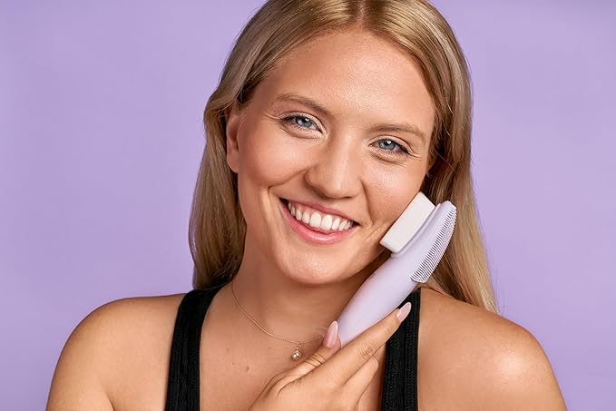 LOLLIPOP Dual-Sided Facial Cleansing Brush | Handle Size Silicone Face Exfoliator and Soft Fiber Cleanser | Manual Face Scrubber for Pores, Makeup Removal, Blackhead and Skincare Routine, Plum-BrightBean Baby