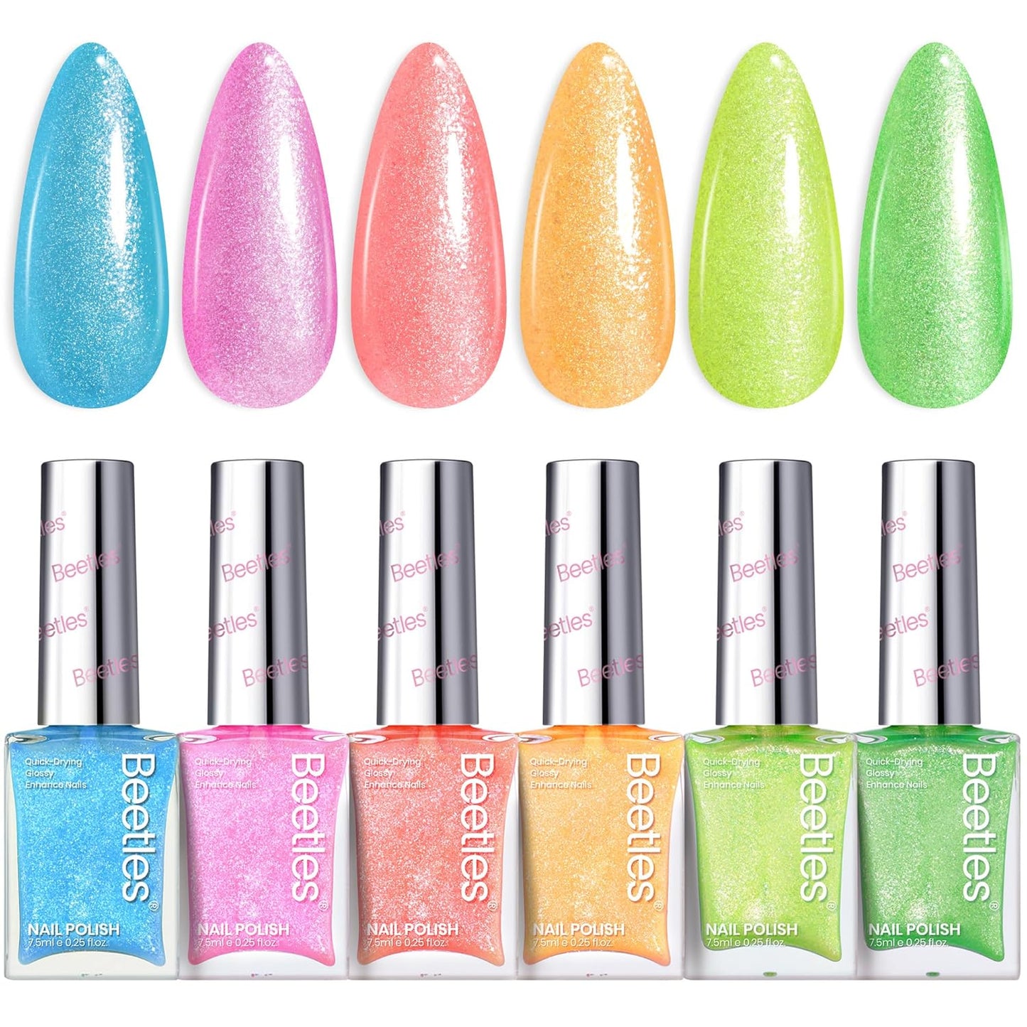 Beetles Neon Nail Polish Set, 6 Colors Glitter Nail Polish Kit Shimmer Pink Blue Green Yellow Orange Neon Fever Quick Dry Fingernail Polish Gifts for Women Salon DIY Manicure Kit-BrightBean Baby