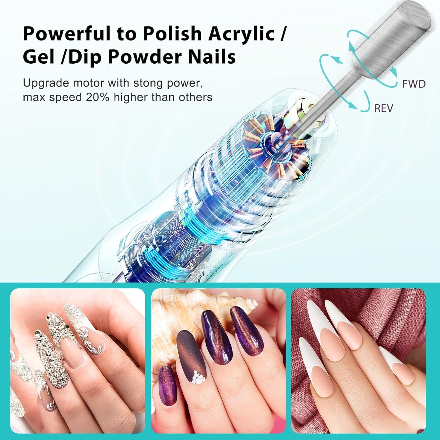 COSLUS Cordless Nail Drill Electric File: Professional for Acrylic Gel Dip Powder Nails Portable Nail Drill Machine Kit for Manicure Pedicure Nail Set with Everything Rechargeable Lightweight Blue-BrightBean Baby