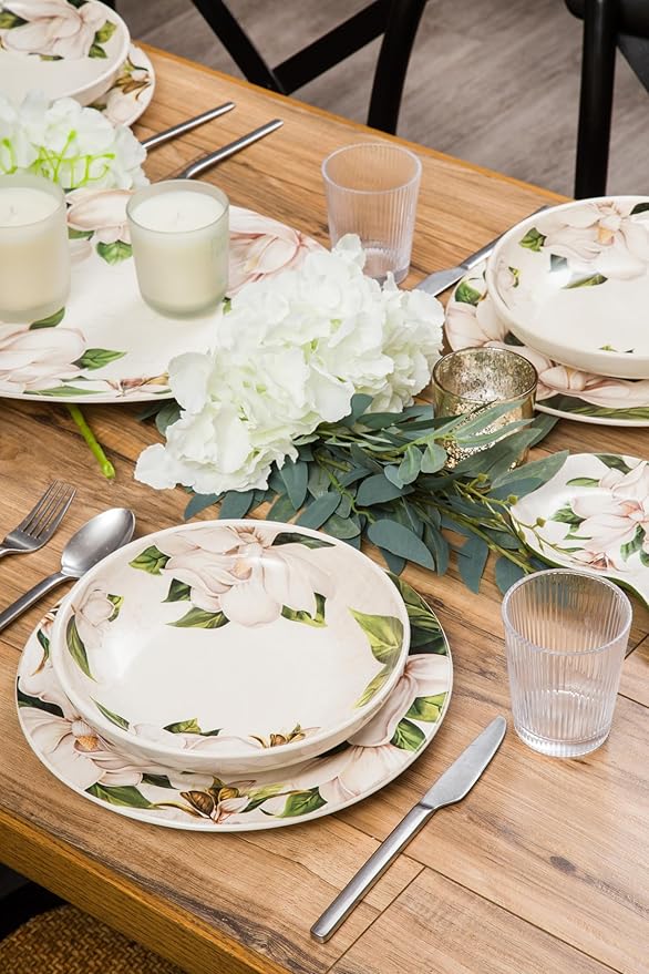 Bico Magnolia Floral Pasta Bowls, 35oz Salad Bowl Set of 4, Large Ceramic Serving Dinner Bowls for Soup and Cereal, Microwave and Dishwasher Safe, Gift for Housewarming and Thanksgiving