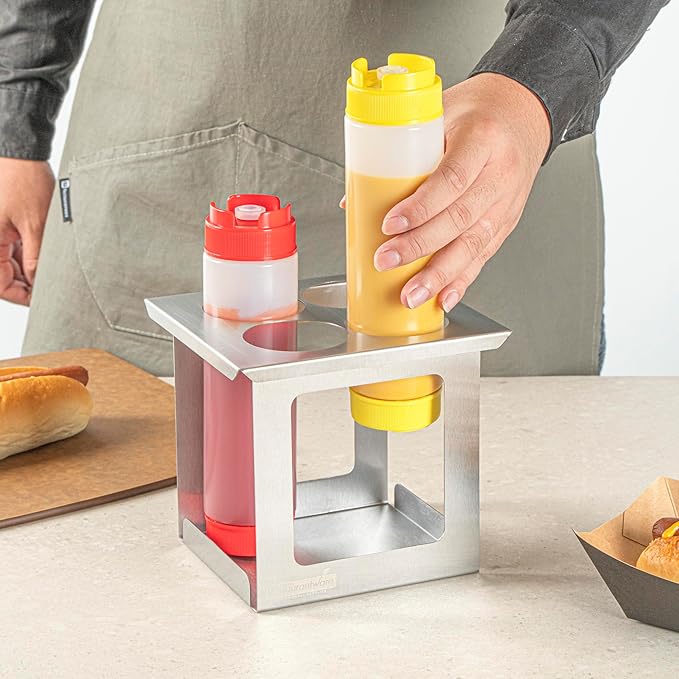 Restaurantware Squeeze Bottle Holder Pack of 1 Stainless Steel 4 Hole Bottle Holder, 2.5" Diameter Fits 1/6 Size Opening, Dishwasher Friendly Integrated Lip Design Holder for Condiment Bottles