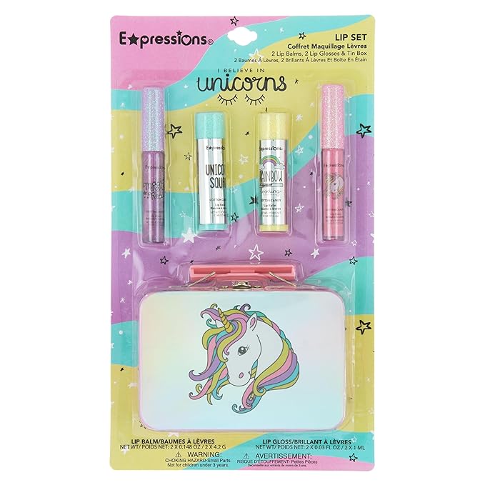 Expressions - 5pc Cosmetics Lip Kit For Kids w/Lip Glosses, Lip Balms & Tin Box Storage Case,I Believe in Unicorns Hologrpahic,Washable + Non Toxic-BrightBean Baby
