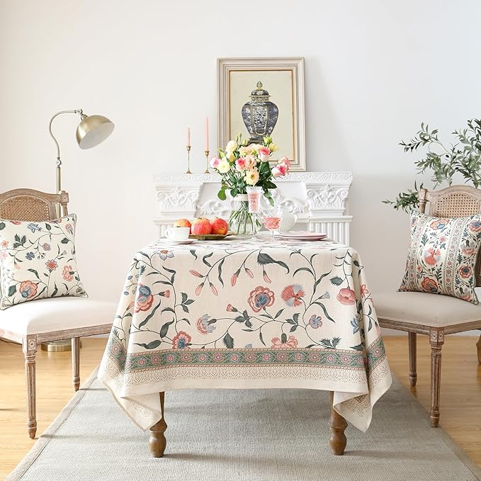 ISAENNE Designer Chinoiserie Linen Floral Long Tablecloth Rectangle,White Wrinkle Resistant Table Cloth,Elegant Decor Tablecloths for Dining Thanksgiving Kitchen Party Christmas,63"*102"-Daffy