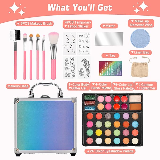 Anpro All-In-One Makeup Carry Case with Pro Teen Makeup Set, Full Starter Cosmetics Kit with Makeup Brushes, Eye Shadows Palette, Blushes, Glitter Gel, Temporary Tattoo Stickers - Blue-BrightBean Baby