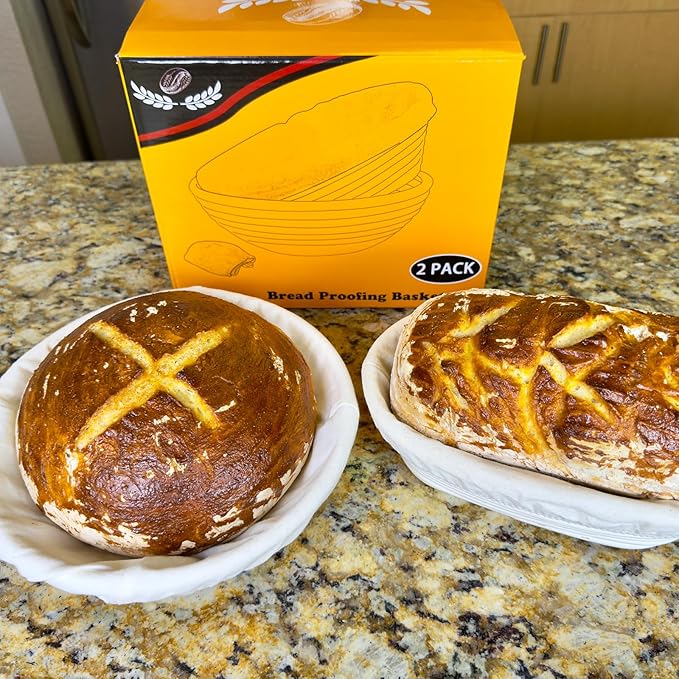 Banneton Basket Set of 2, 10" Oval & 9.7" Round Banneton Bread Proofing Basket with Liners, Bread Lame, Silicone Baking Mat, Danish Whisk, Brush, Proofing Bowls Sourdough Starter Kit Tools
