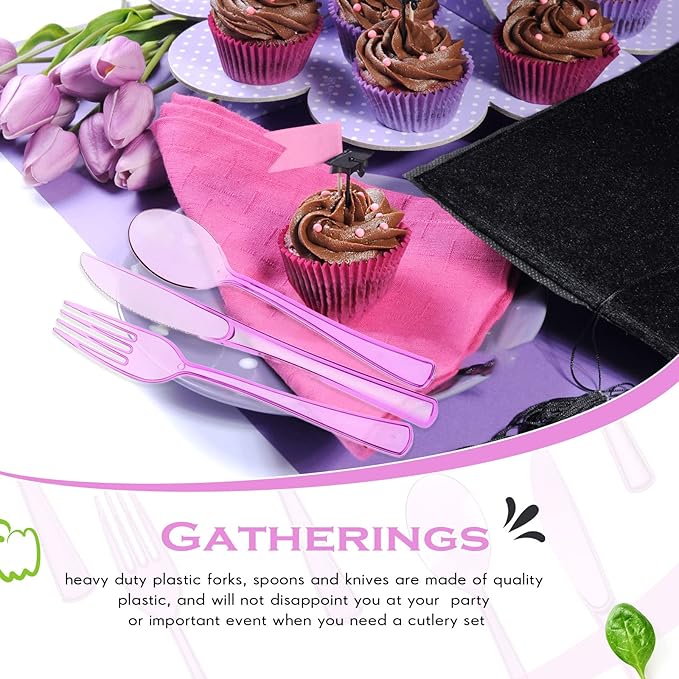 Minatee 150 Pieces Disposable Cutlery Set Plastic Silverware Heavy Duty Utensil Sets 50 Forks 50 Knives 50 Spoons for Home Office School Party Picnics Restaurant Outdoor Events(Purple)
