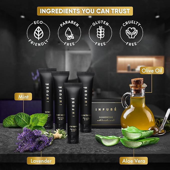 Infuse Black Amenity Kit | Boxed Hotel Toiletries | Bulk Set 1 oz Travel Size Shampoo, Conditioner, Lotion, Body Wash & Cleansing Bar for Guest Hospitality AirBnB/Vacation Rentals | 75 Pieces-BrightBean Baby